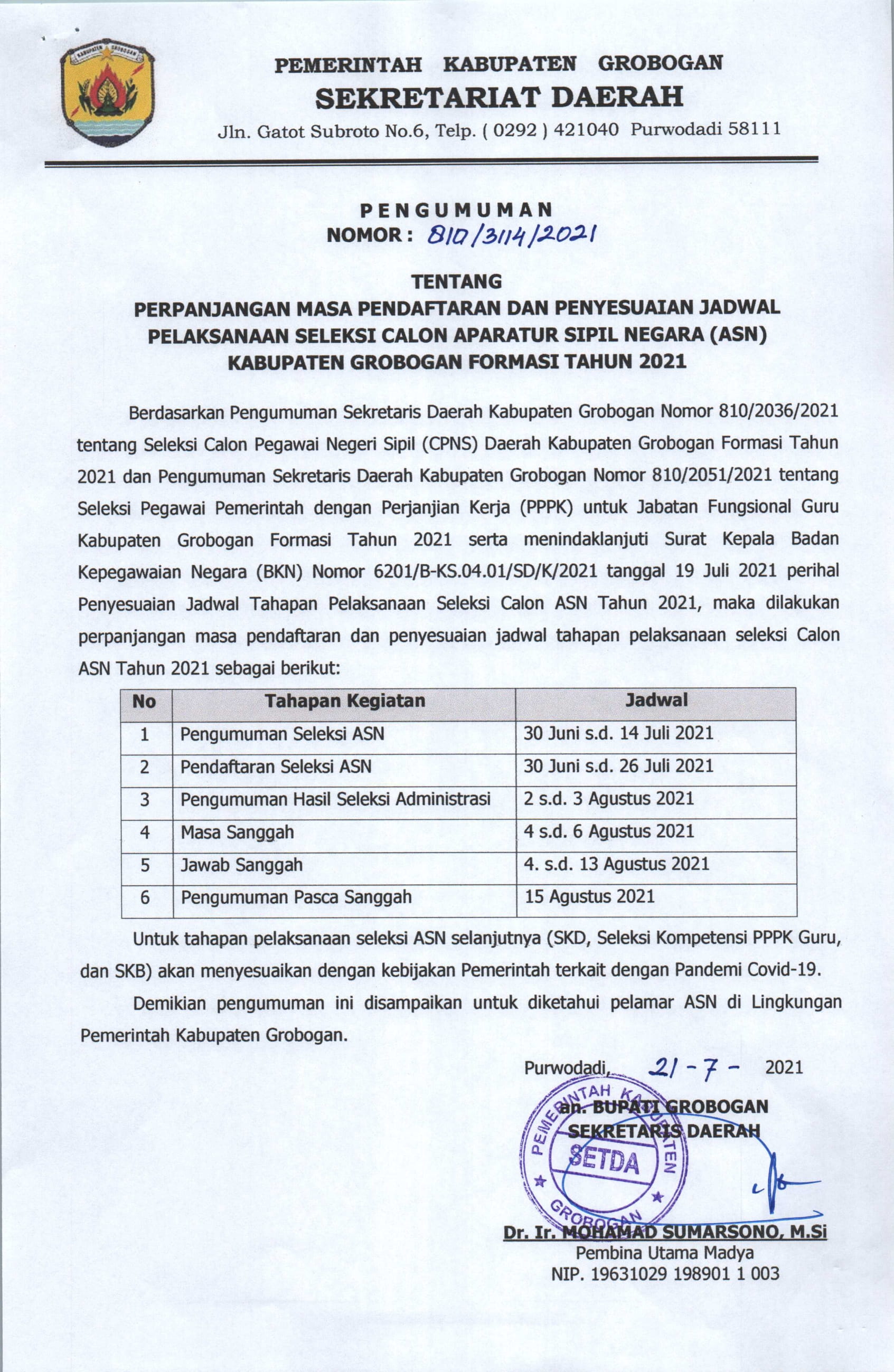PENGUMUMAN PERPANJANGAN MASA PENDAFTARAN CASN 1